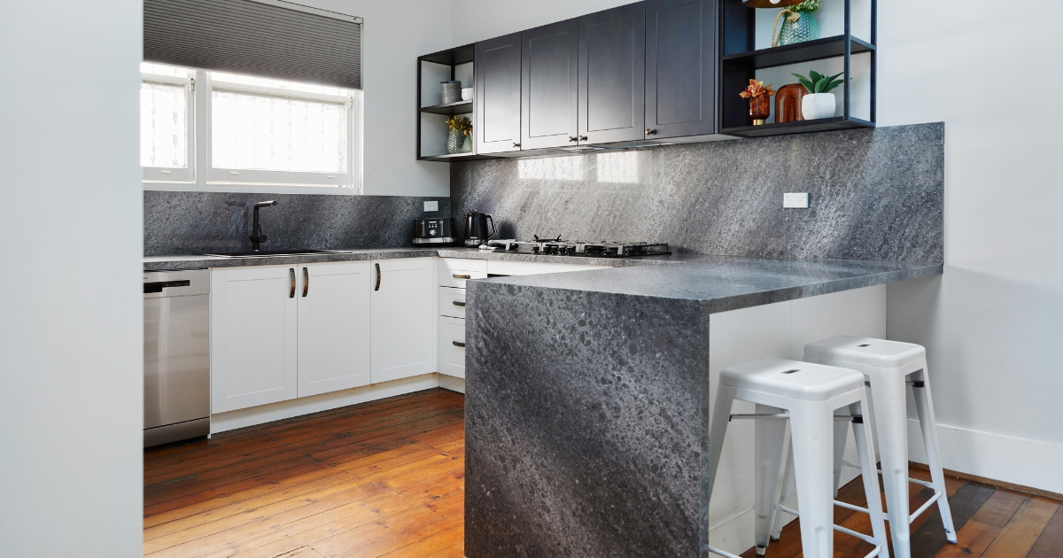 Kitchen transformation done by Selling Houses Australia, featuring Basalt Cemento stone